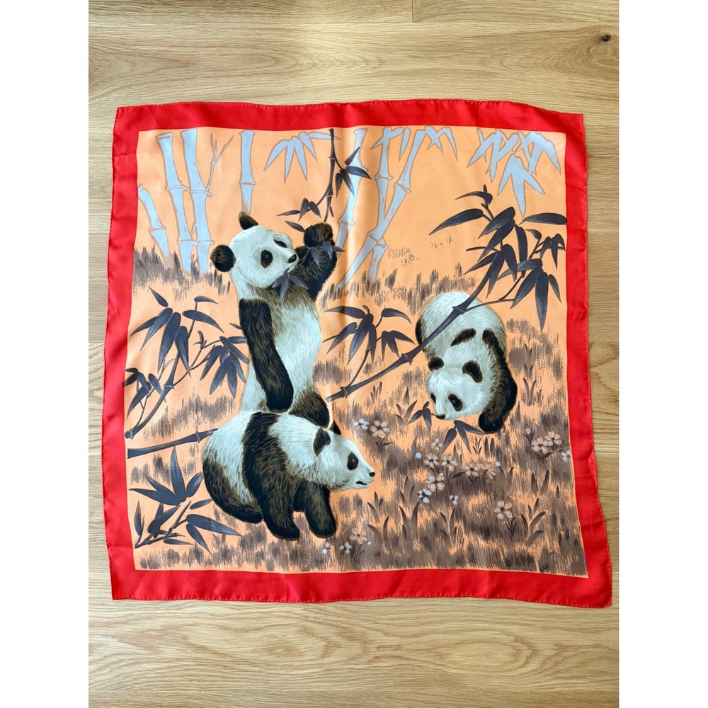 70s Vtg Triangle Shanghai 28.5" Pandas & Bamboo Silk Scarf with Red Border
